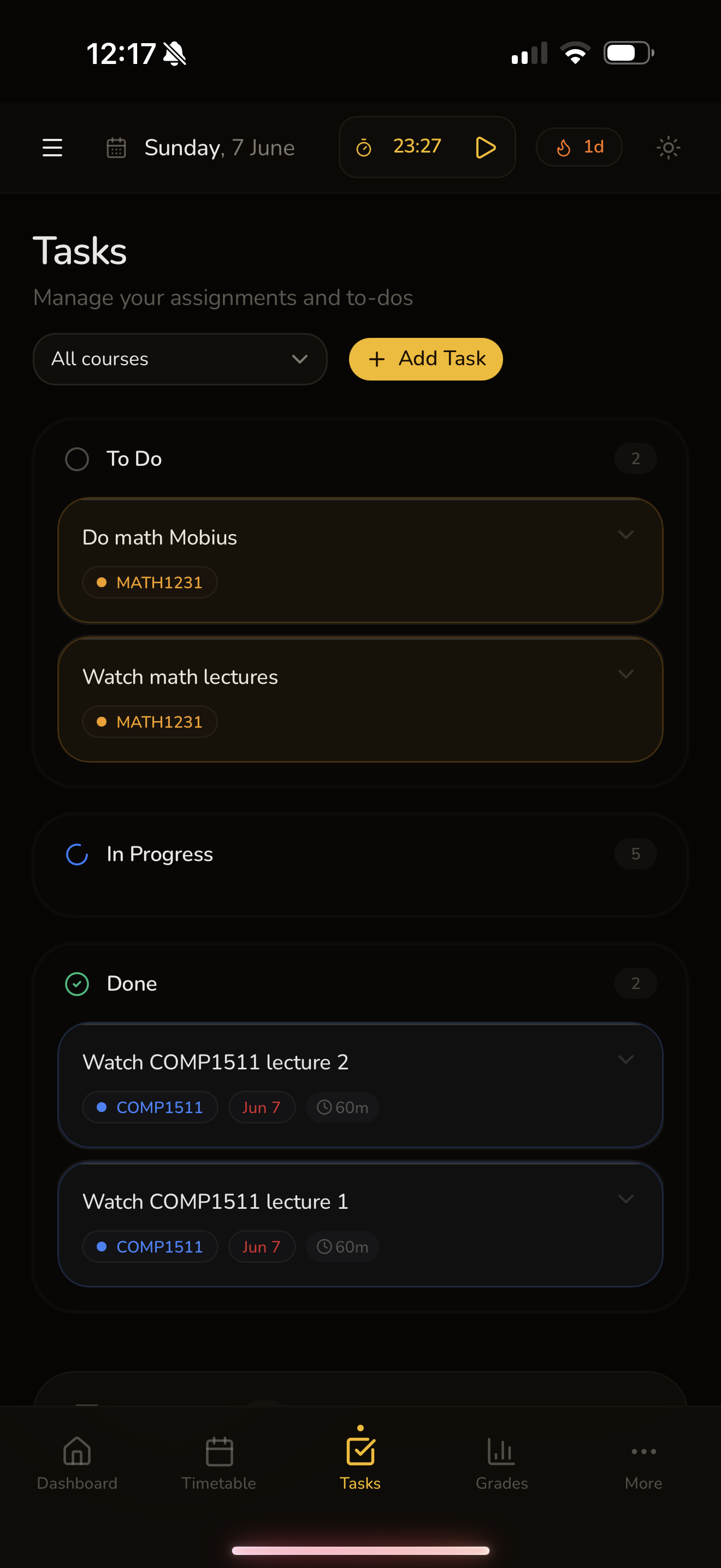 UNSW Dashboard iPhone tasks screenshot